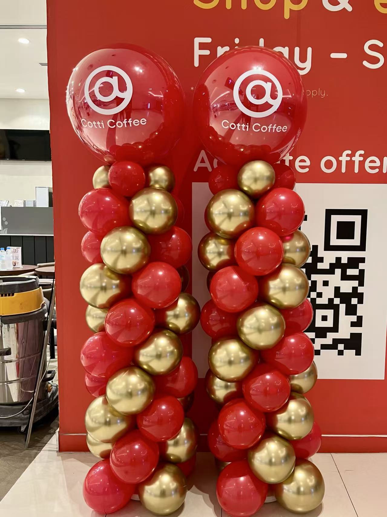 Pillar/Column/Tower Latex Light Gold and Red with Customize Company Logo Sticker - Customizable Design Perfect for Corporate Event, Grand Opening, Company Event!