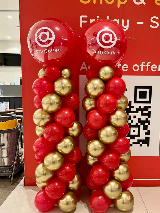 Pillar/Column/Tower Latex Light Gold and Red with Customize Company Logo Sticker - Customizable Design Perfect for Corporate Event, Grand Opening, Company Event!