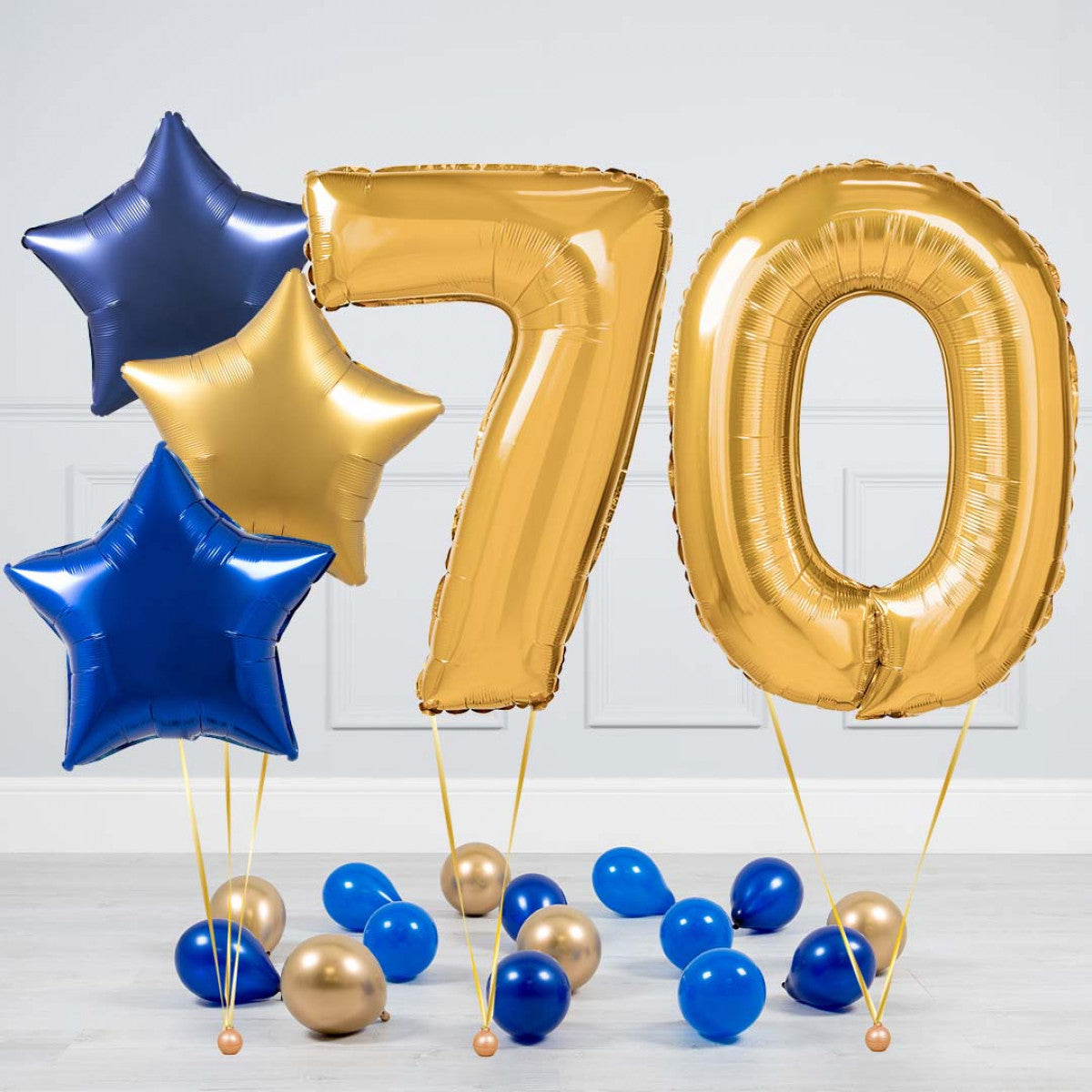 Helium Gold Two Number Set Balloon - Dark Blue, Blue and Gold Stars with Mini Balloons