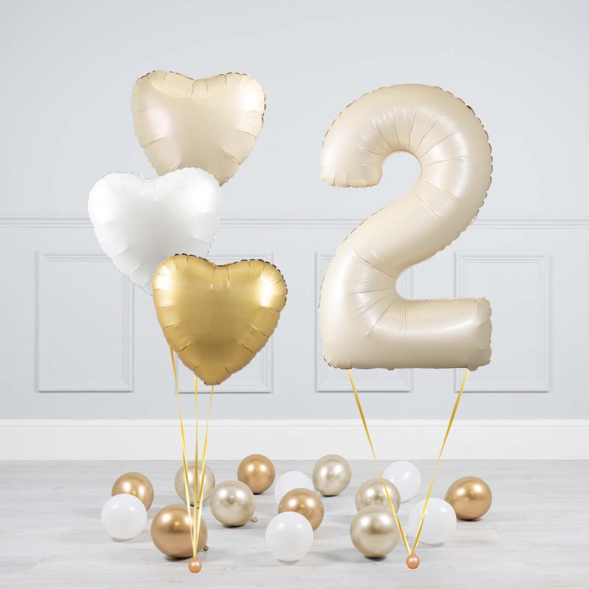 Helium Beige Single Number Set Balloon - Beige, White and Gold Hearts with Mini Balloons