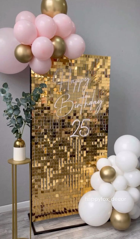 Gold Shimmer Wall Setup with Balloon White, Pink and Light Gold, LED Acrylic 'Happy Birthday' and Customize Age '25' - Perfect for any Celebration