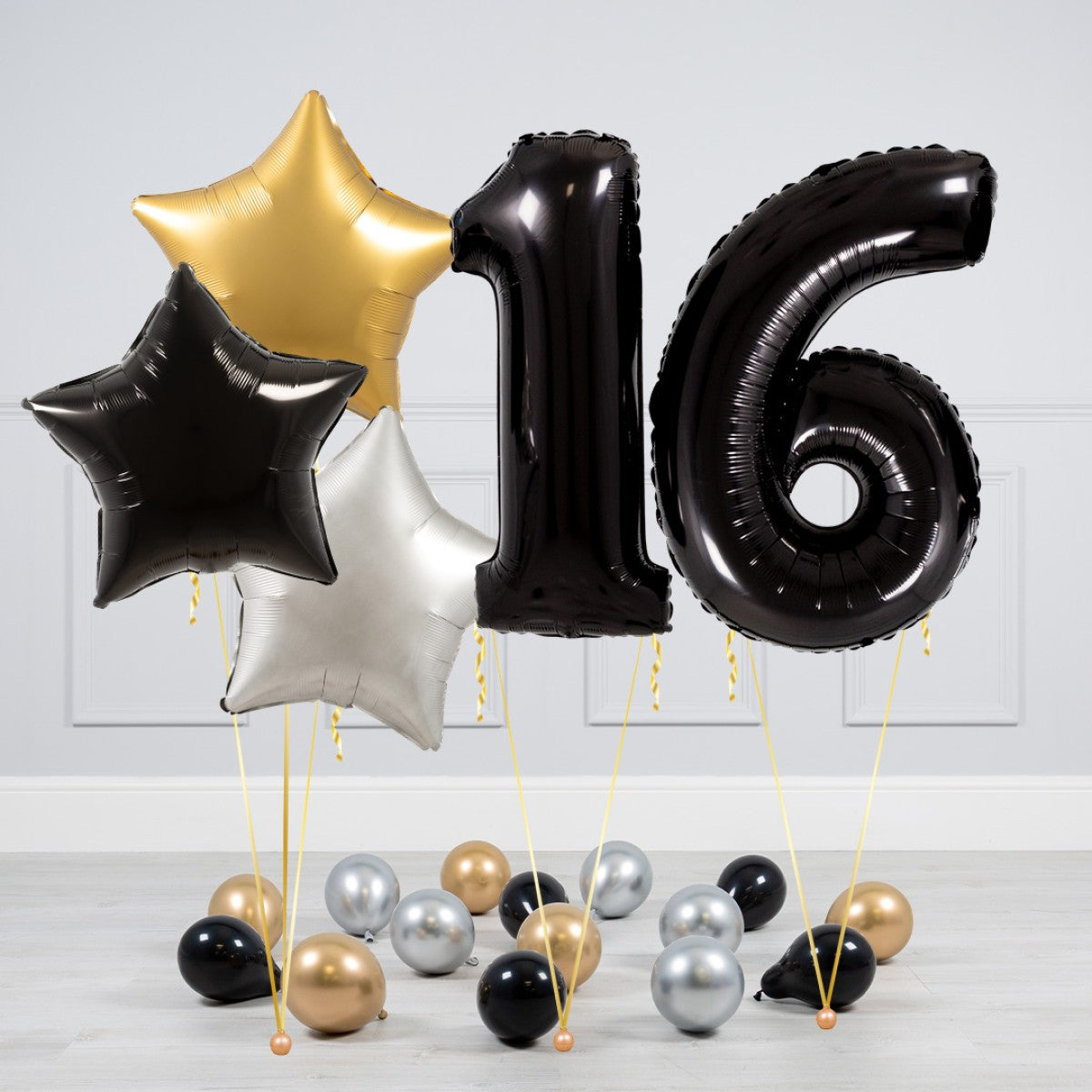 Helium Black Two Number Set Balloon - Gold, Black and White Stars with Mini Balloons