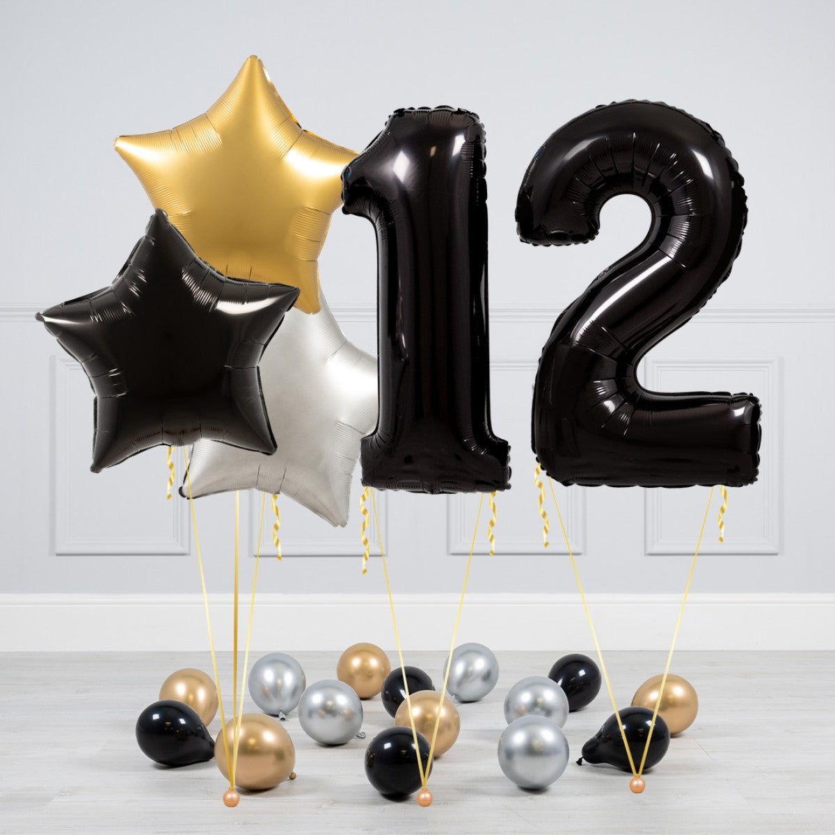 Helium Black Two Number Set Balloon - Gold, Black and White Stars with Mini Balloons