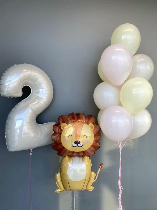 Helium Balloon Single Number Set of Beige Number ‘2’ Balloon with Lion and Latex Helium Bunch Pink, Yellow and Dust White - Safari and Jungle-Themed Perfect for any Occasions