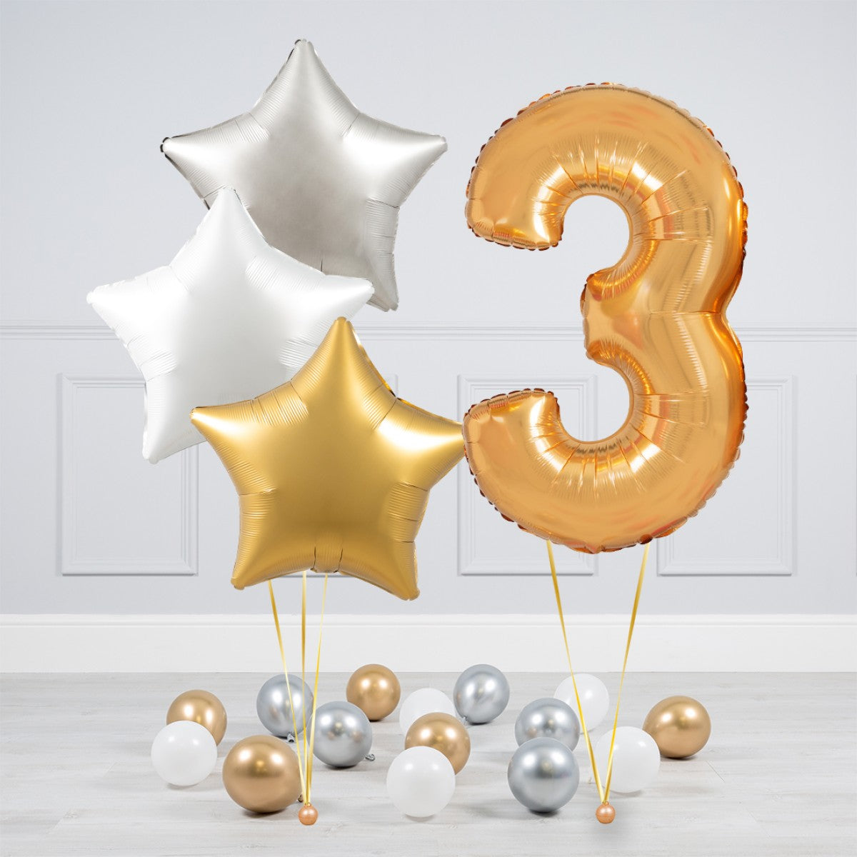 Helium Gold Single Number Set Balloon - Silver, White and Gold Stars with Mini Balloons