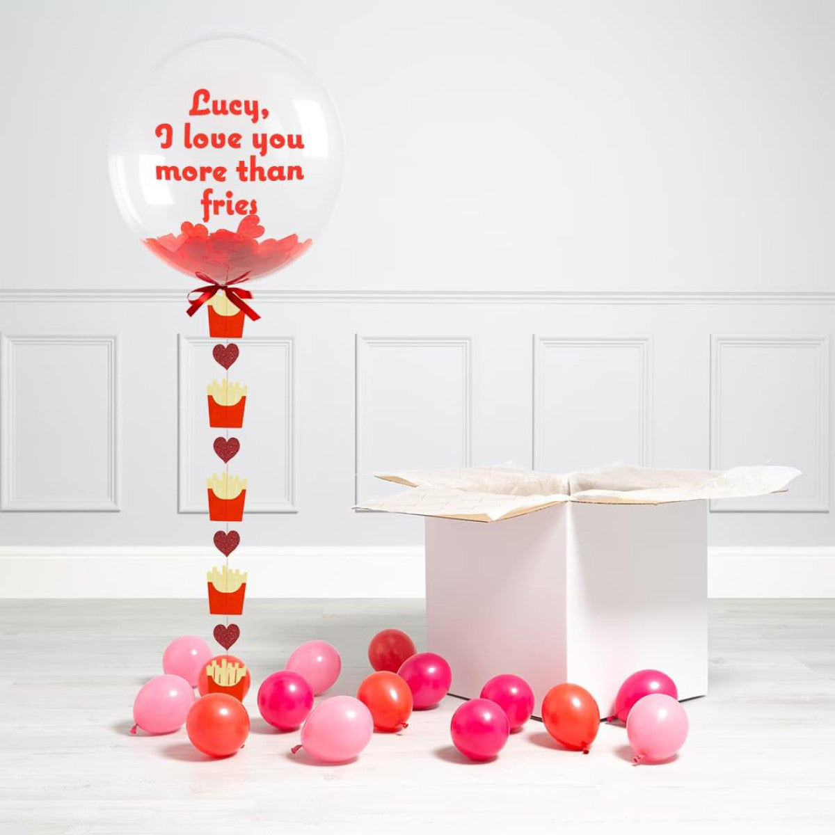 Personalised Helium Balloon Love Fries Valentine’s Day Helium Bubble Balloon Elevate Your Celebration with Our Stunning Helium Bubble Balloon Bouquet