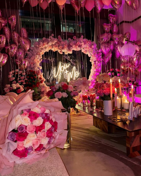 Artificial Flowers, Candles, Giant Pink Heart Artificial Flower, LED Customize Acrylic, Helium Hearts Bunch and Latex and Fresh Flower Bouquet - Perfect for Proposal, Wedding, Anniversary special occasions!