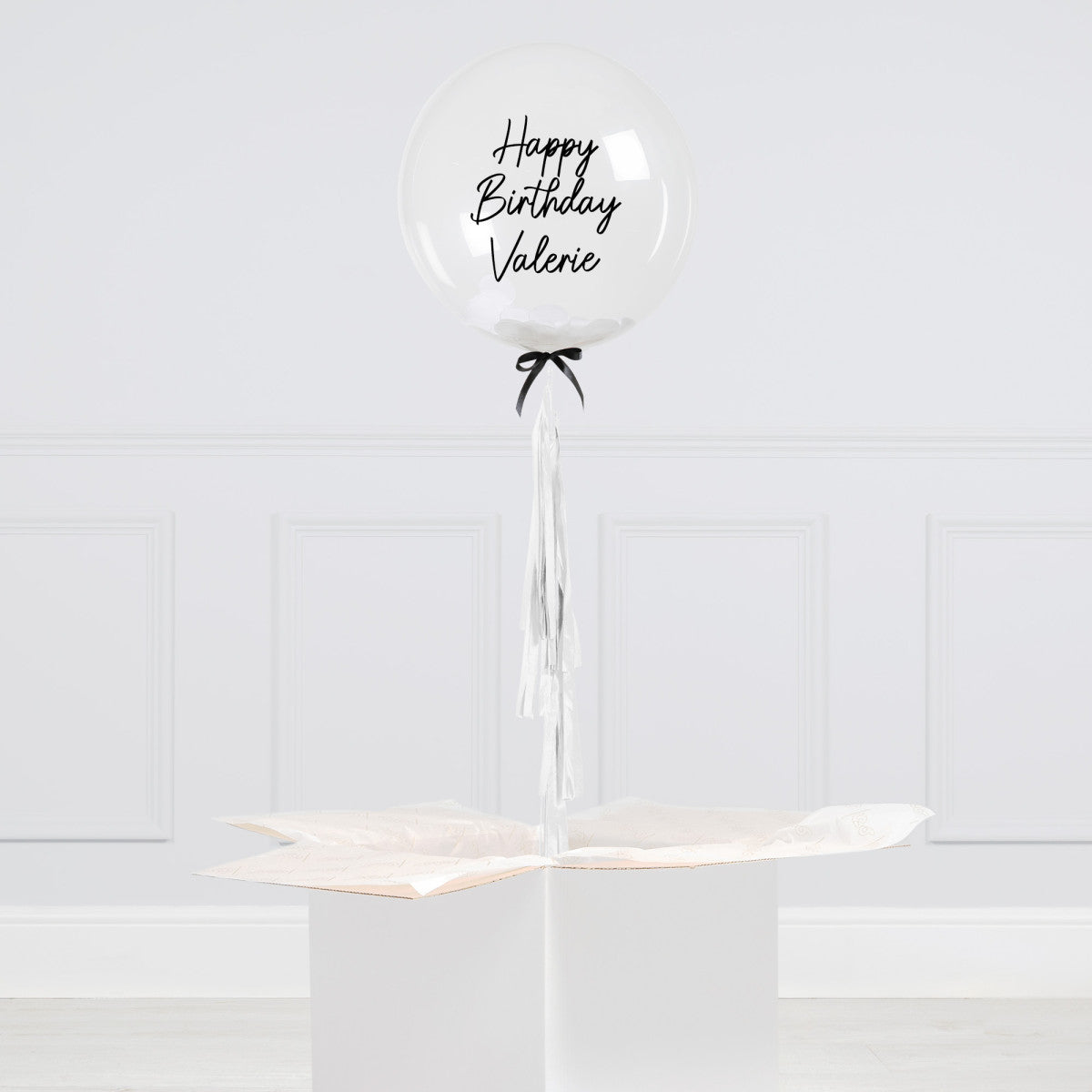 Personalised Helium Balloon Retro White & Black Ribbon Helium Bubble Balloon Elevate Your Celebration with Our Stunning Helium Bubble Balloon Bouquet