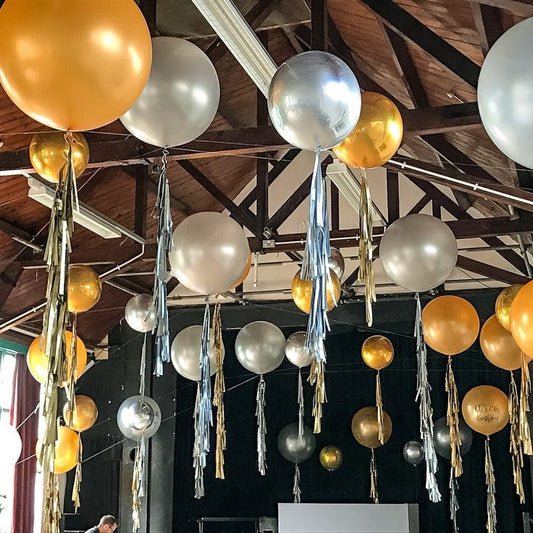 Ceiling Orbs Helium Balloons Gray, Orange, Gold and Silver 32-inches with Tassels - Perfect for Special Occasions!