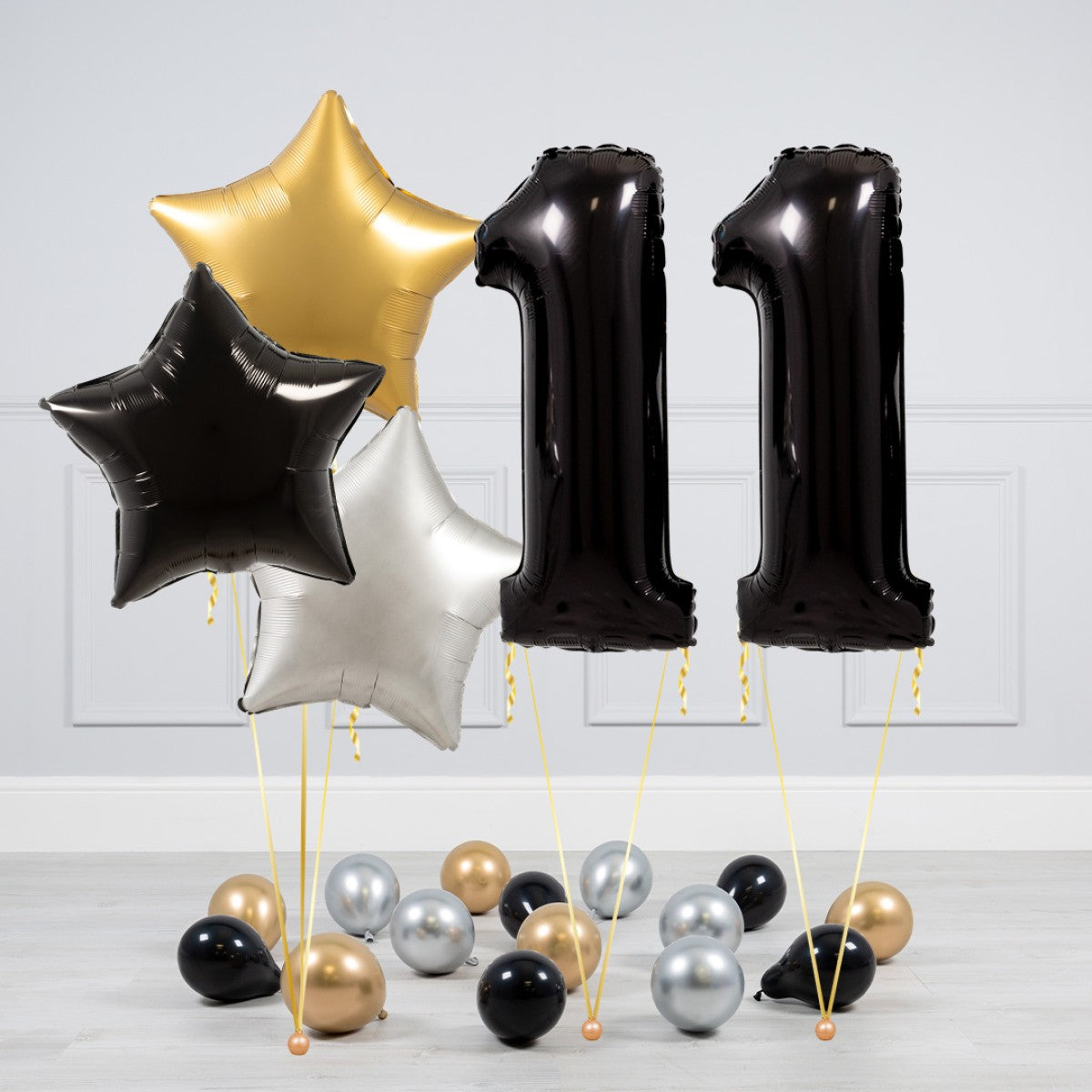 Helium Black Two Number Set Balloon - Gold, Black and White Stars with Mini Balloons