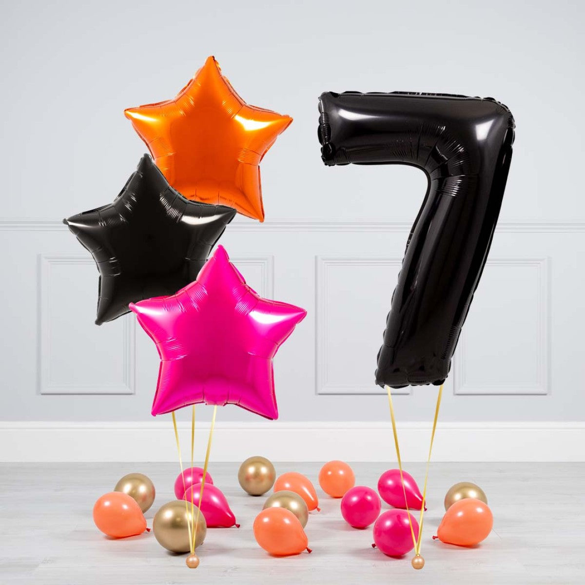 Helium Black Single Number Set Balloon - Orange, Black and Pink Star with Mini Balloons