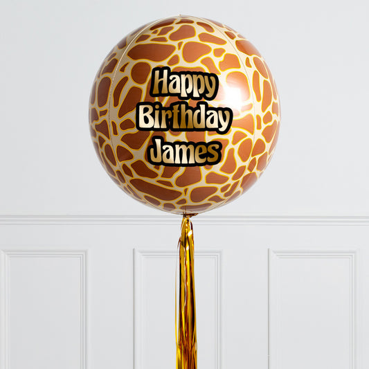 Personalised Helium Balloon Animal Print/Giraffe Helium Balloon with Tassel - Custom Name Round Balloon