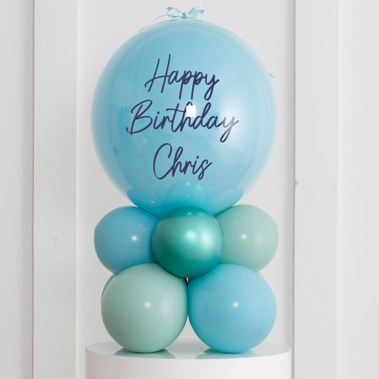 Personalised Birthday Bobo Balloon on Stand - Blue Green, Glossy Pine Green, Sky Blue Clusters with Custom Name Sticker