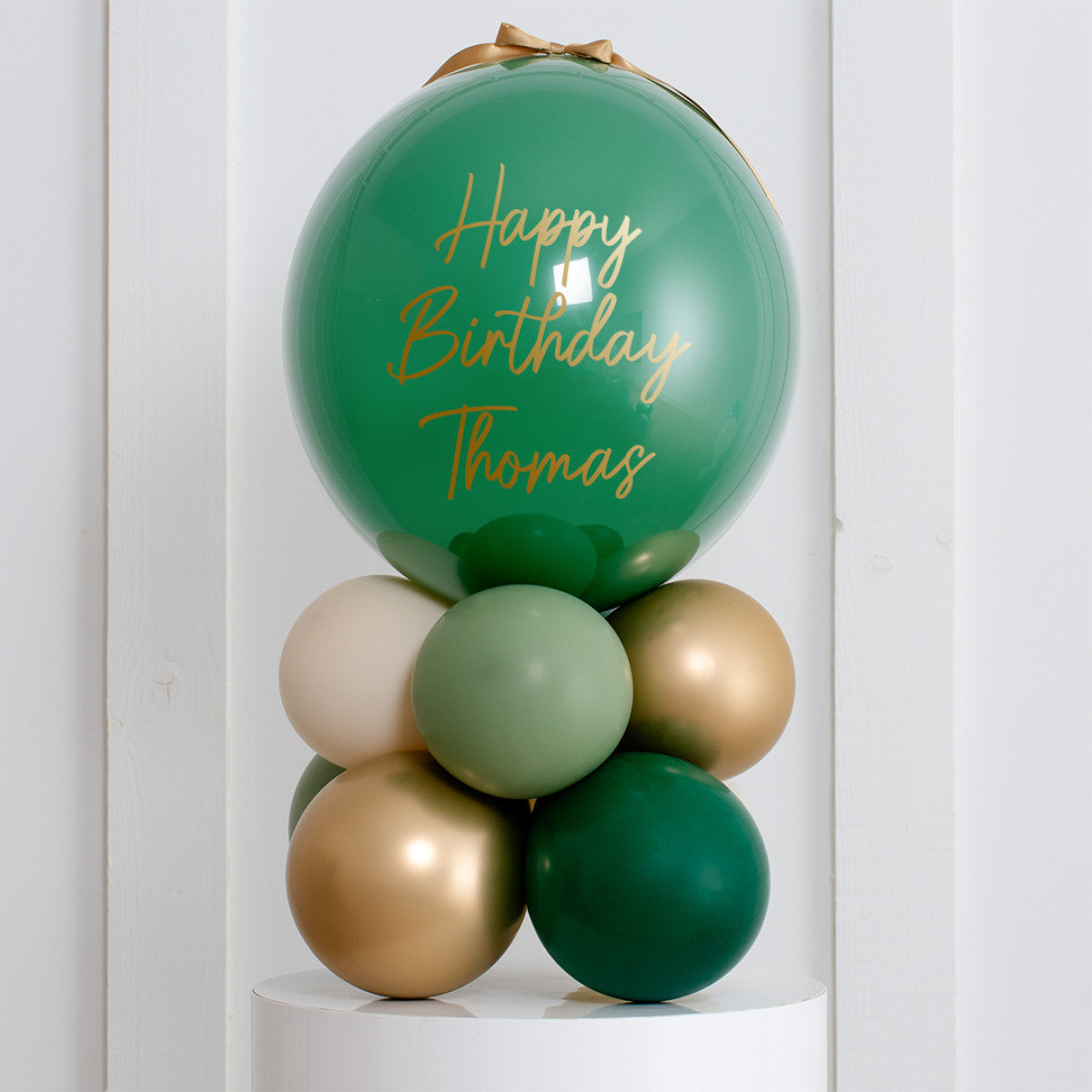 Personalised Birthday Bobo Balloon on Stand - Sacramento Green, Gold, Off White, Pickle Green Clusters with Custom Name Sticker