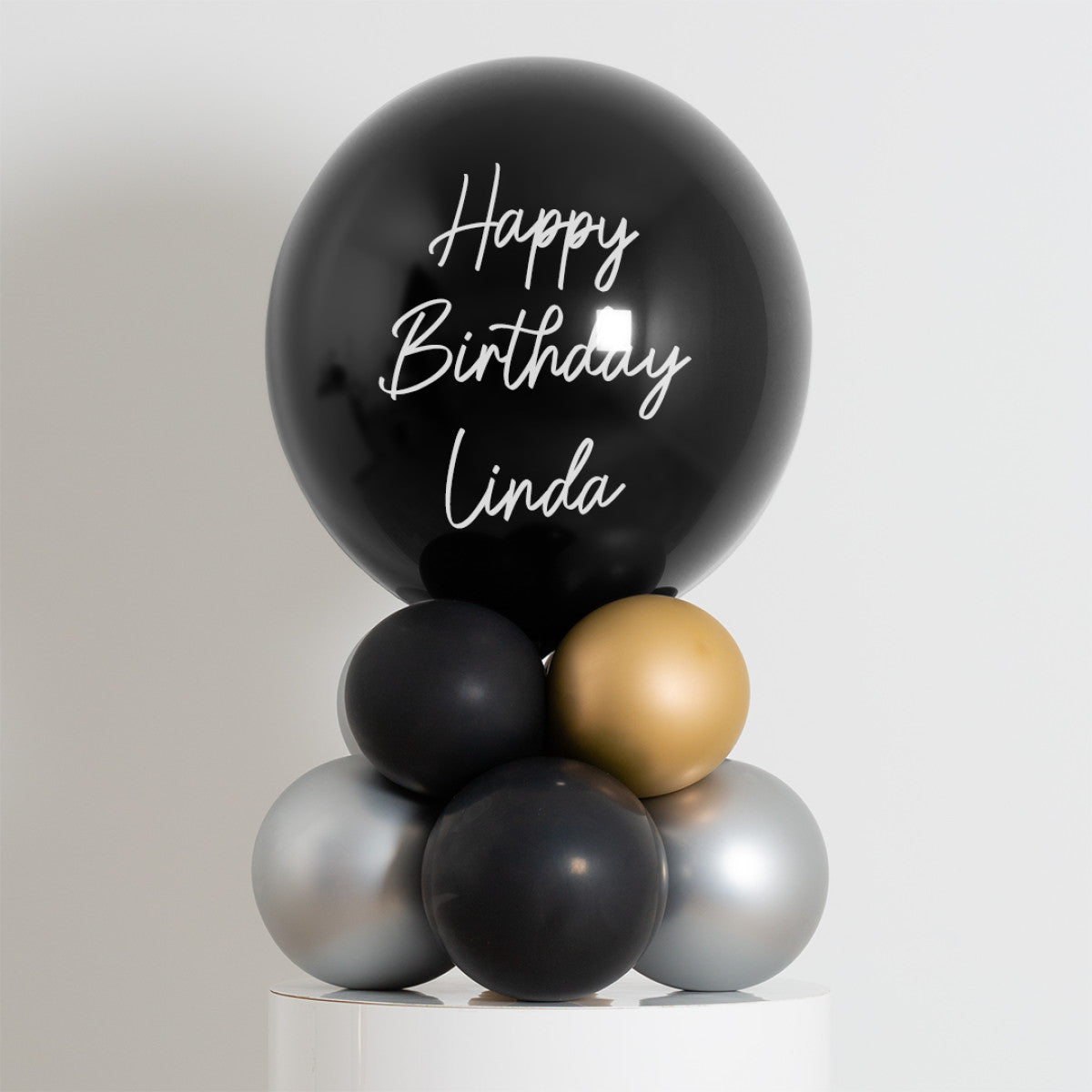 Personalised Birthday Bobo Balloon on Stand - Black, Gold, Silver Clusters with Custom Name Sticker