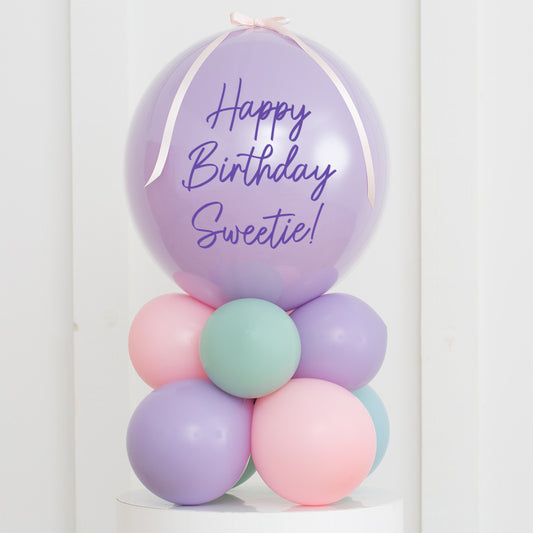 Personalised Birthday Bobo Balloon on Stand - Pink, Mint Green, Pastel Purple Clusters with Custom Name Sticker