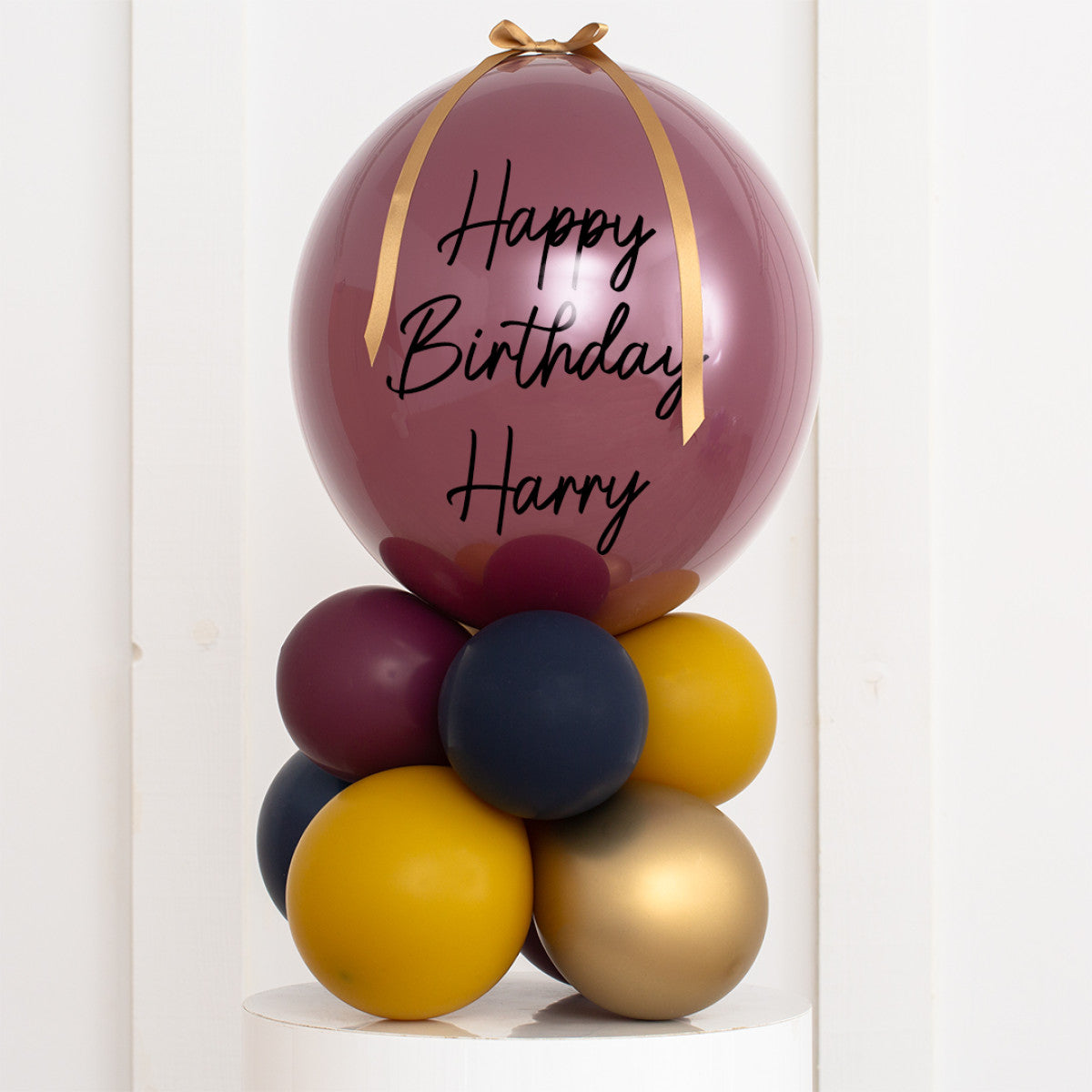 Personalised Birthday Bobo Balloon on Stand - Burgundy, Navy blue, Mustard yellow, Gold Clusters with Custom Name Sticker