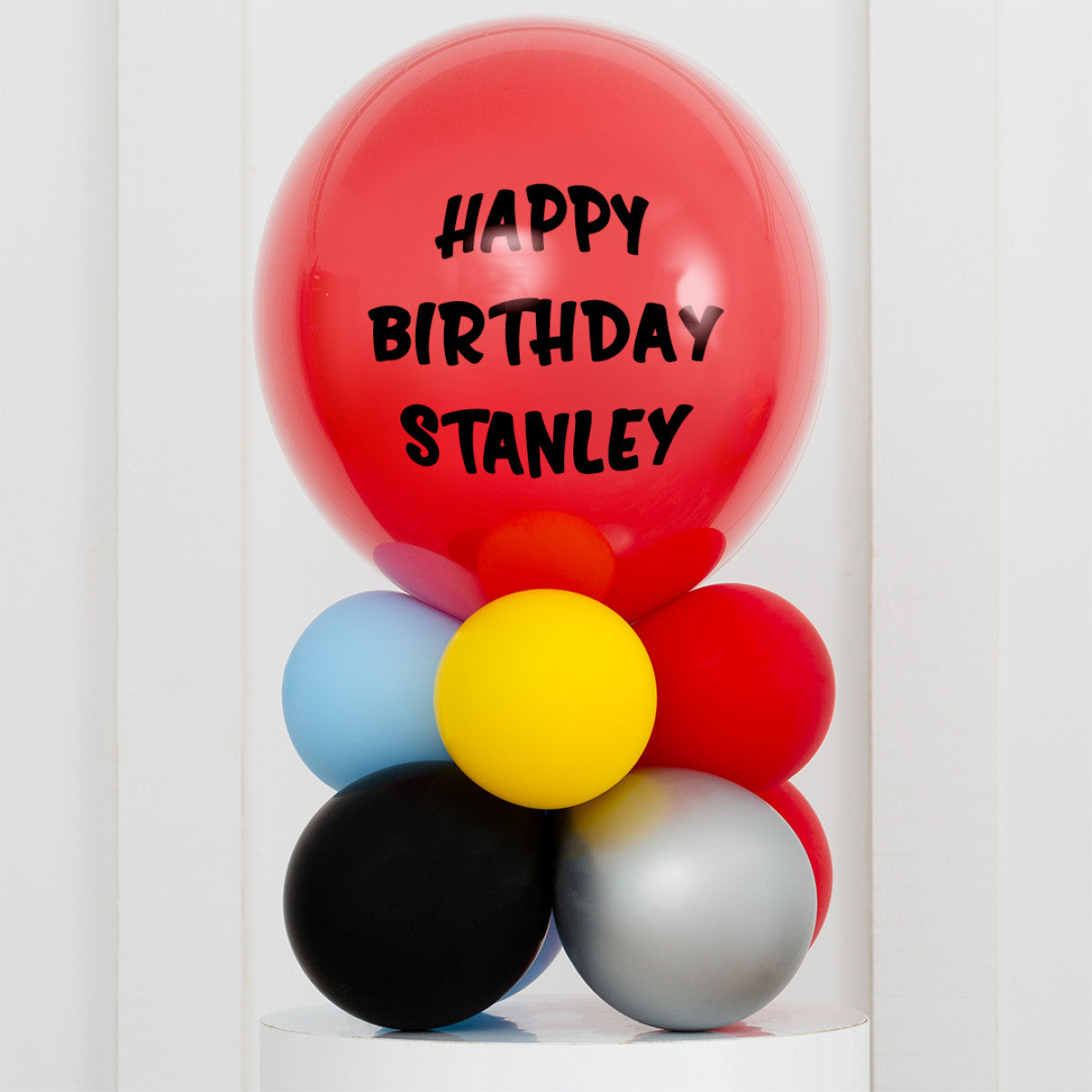 Personalised Birthday Bobo Balloon on Stand - Red, Blue, Silver, Black Clusters with Custom Name Sticker