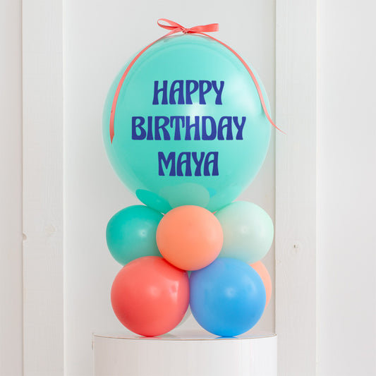 Personalised Birthday Bobo Balloon on Stand - Blue Green, Mind Green, Blue, Red Orange, Orange Clusters with Custom Name Sticker