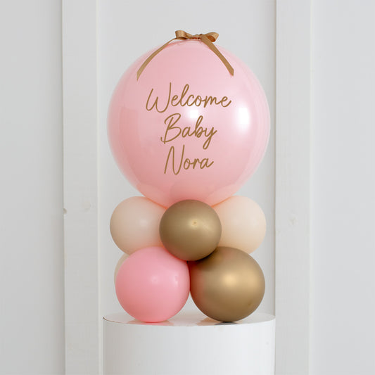 Personalised Birthday Bobo Balloon on Stand - Pink, Beige, Light Gold Clusters with Custom Name Sticker