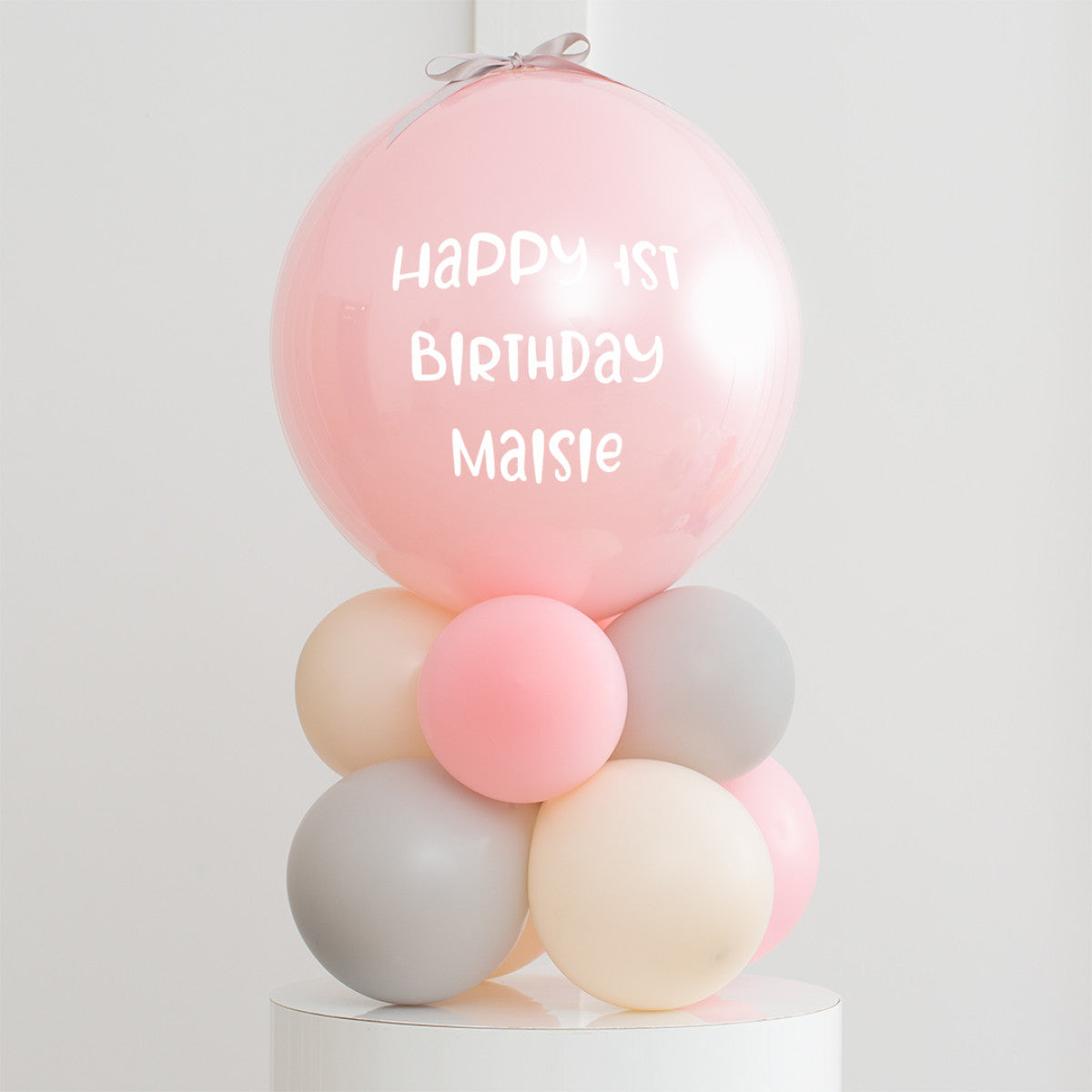 Personalised Birthday Bobo Balloon on Stand - Pink, Beige, Light Gray Clusters with Custom Name Sticker