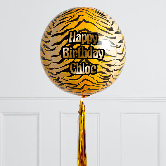 Personalised Helium Balloon Animal Print/Tiger Helium Balloon with Tassel - Custom Name Round Balloon