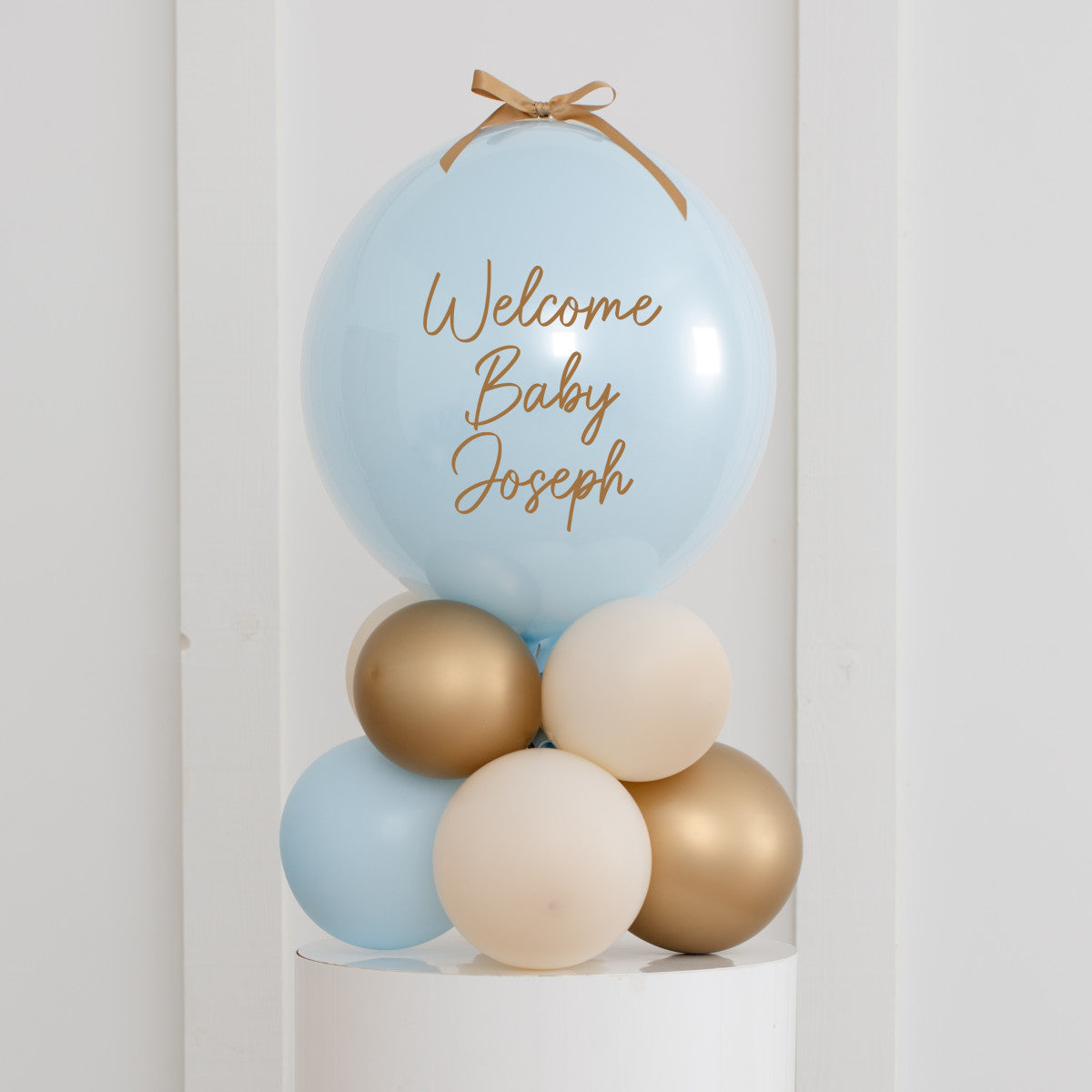 Personalised Birthday Bobo Balloon on Stand - Sky Blue, Beige, Gold Clusters with Custom Name Sticker