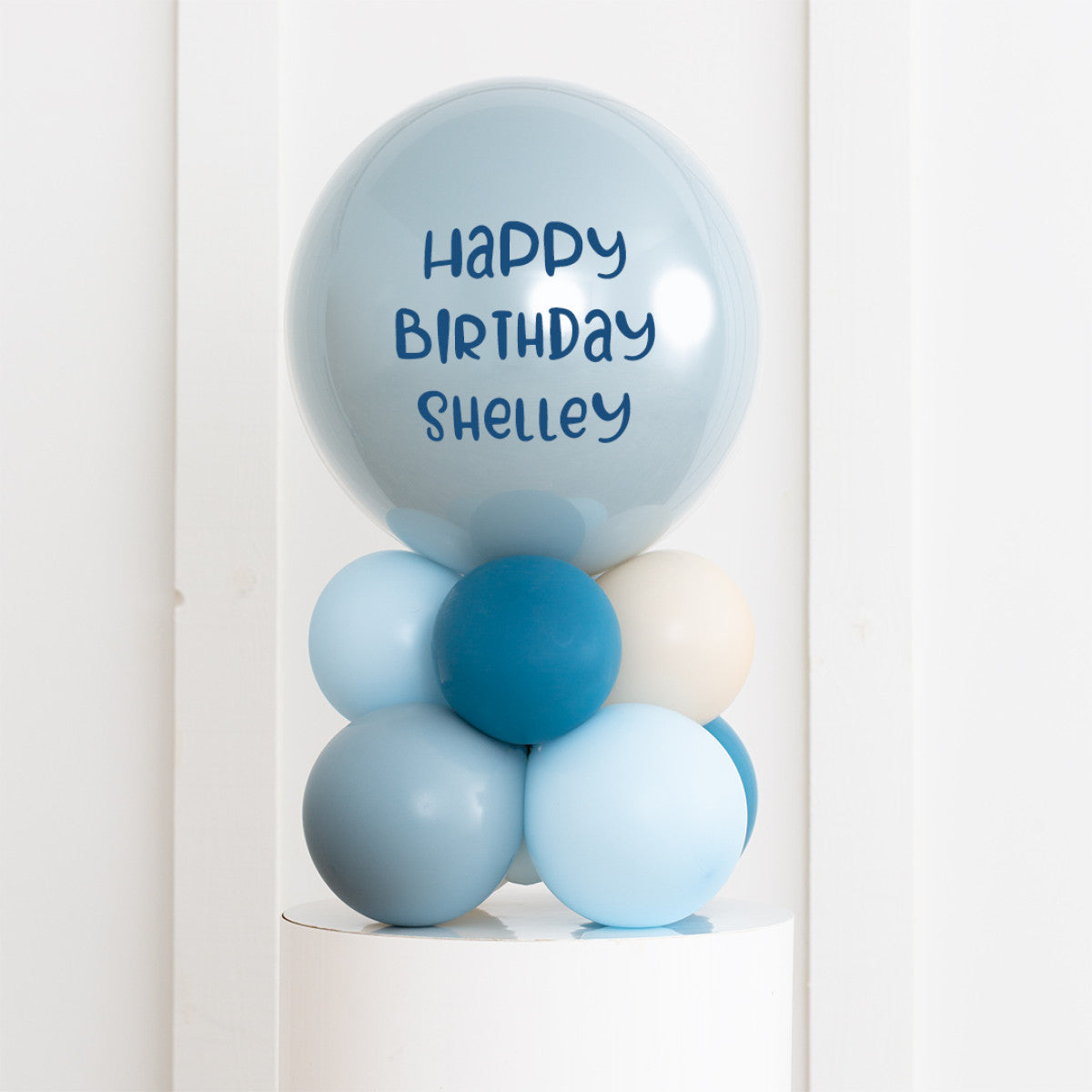 Personalised Birthday Bobo Balloon on Stand - Maximum Blue, Beige, Usafa Blue Clusters with Custom Name Sticker