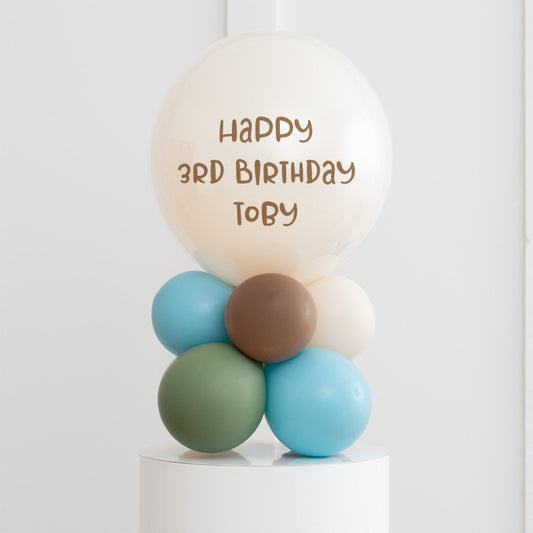 Personalised Birthday Bobo Balloon on Stand - Beige, Brown, Pickle Green, Blue Clusters with Custom Name Sticker