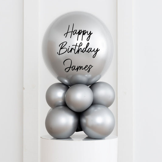 Personalised Birthday Bobo Balloon on Stand - Silver Clusters with Custom Name Sticker