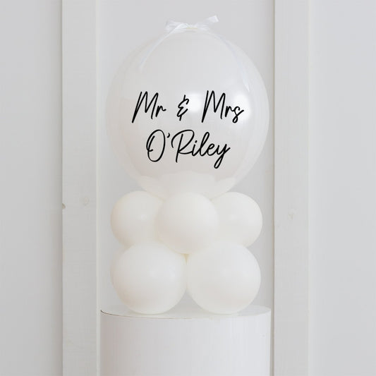 Personalised Birthday Bobo Balloon on Stand - White Clusters with Custom Name Sticker