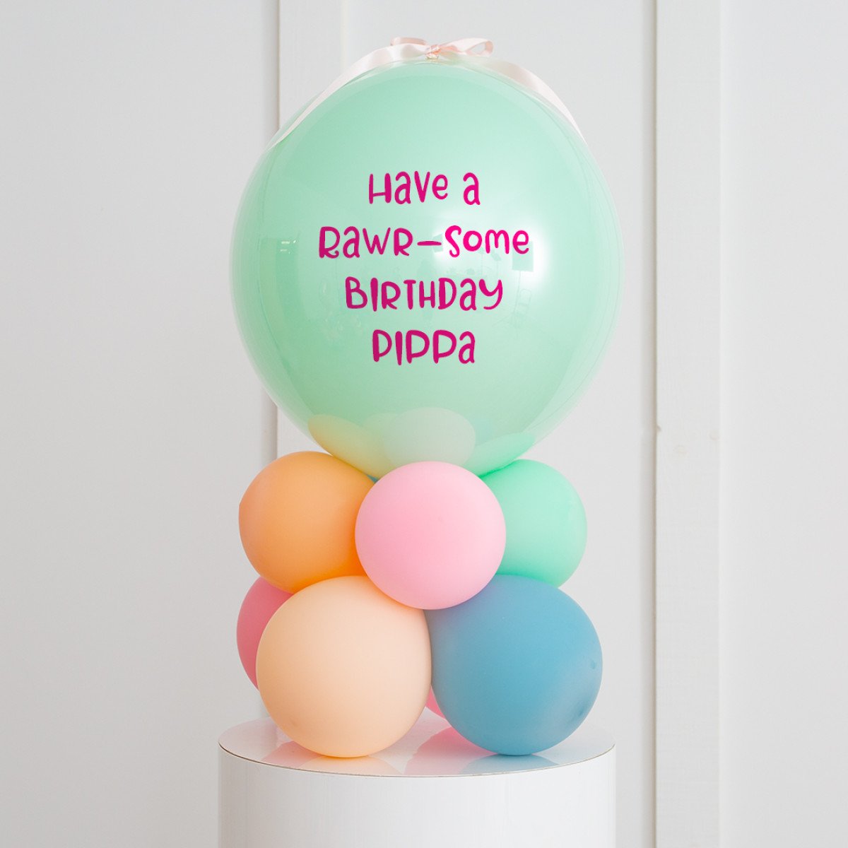 Personalised Birthday Bobo Balloon on Stand - Mint Green, Orange, Pink, Blue Clusters with Custom Name Sticker