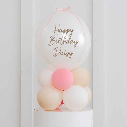 Personalised Birthday Bobo Balloon on Stand - White, Beige, Pink Clusters with Custom Name Sticker