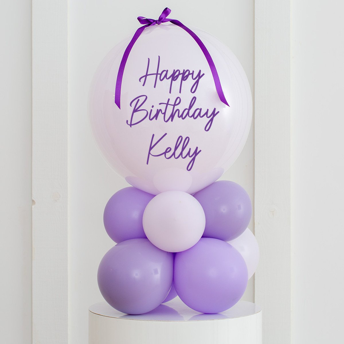 Personalised Birthday Bobo Balloon on Stand - Royal Purple, Lilac Purple Clusters with Custom Name Sticker