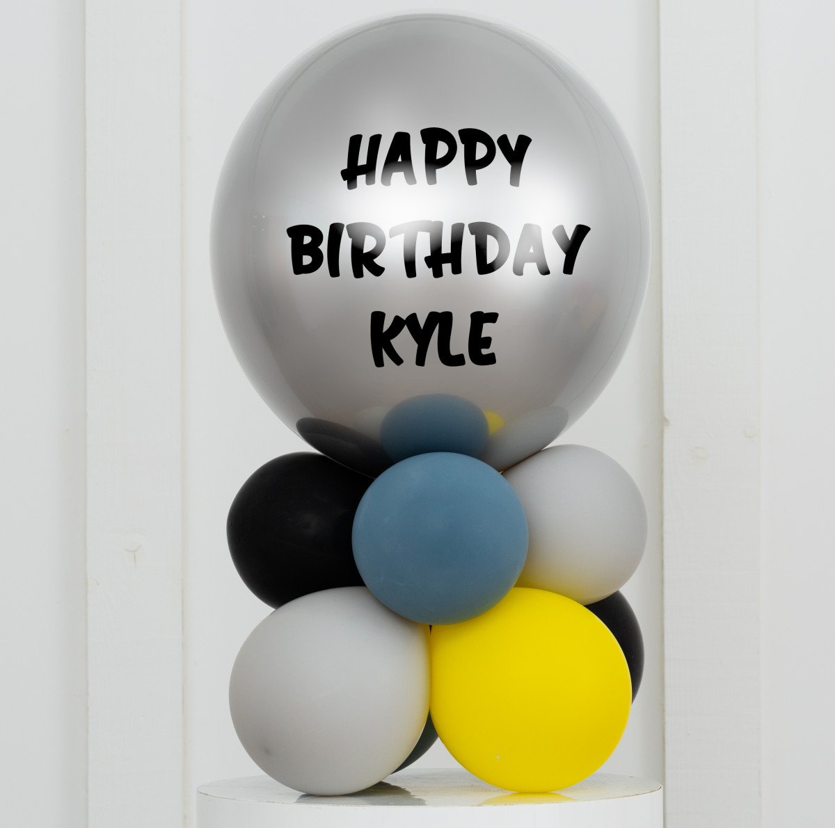 Personalised Birthday Bobo Balloon on Stand - Silver, Black, Yellow, Light Gray, Dark Blue Clusters with Custom Name Sticker