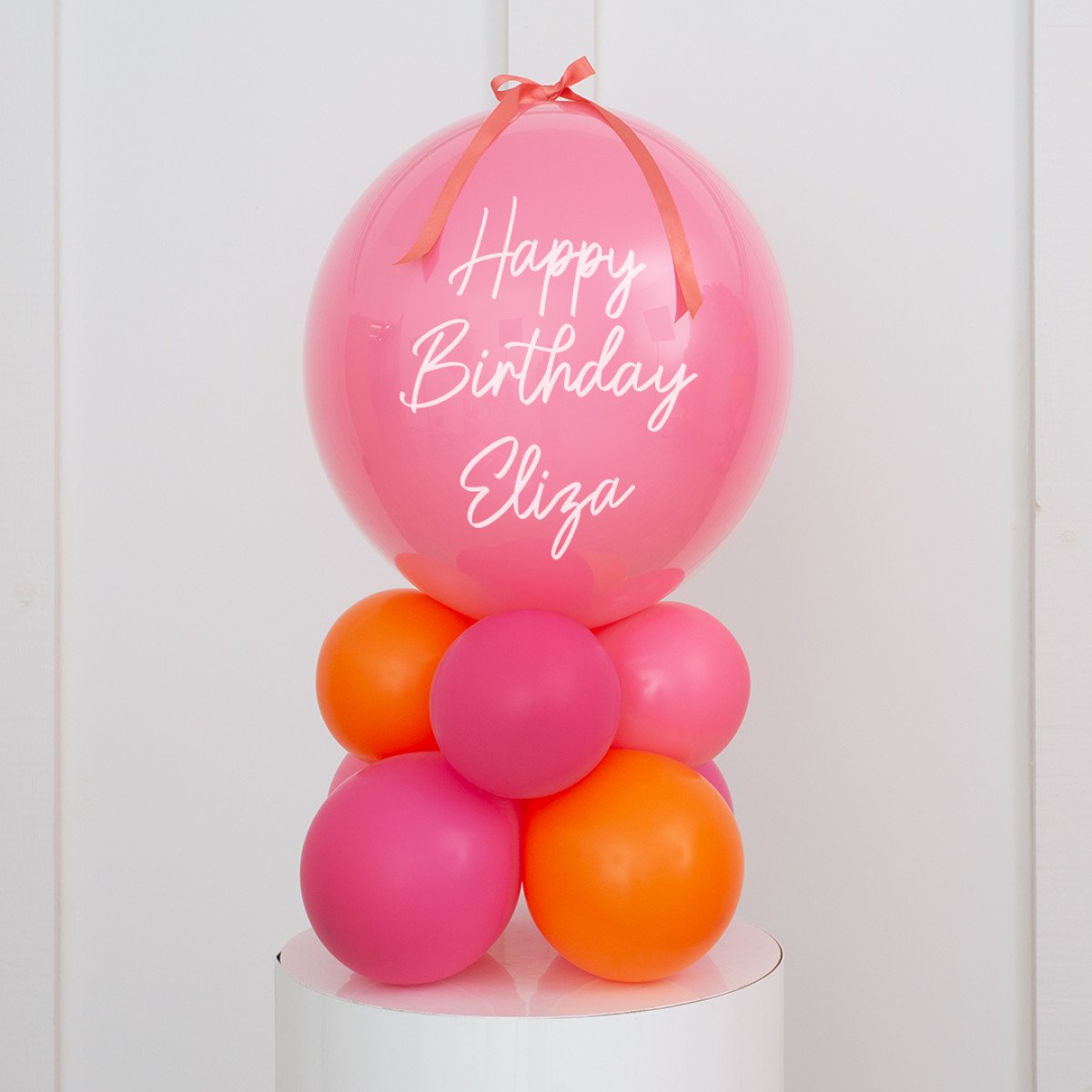 Personalised Birthday Bobo Balloon on Stand - Magenta Pink, Rose Pink, Orange Clusters with Custom Name Sticker