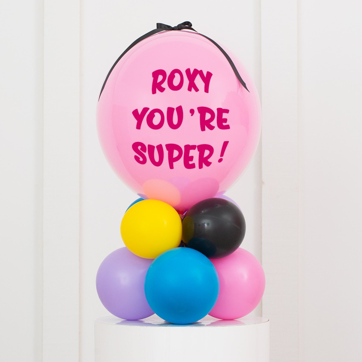 Personalised Birthday Bobo Balloon on Stand - Pink, Yellow, Black, Blue, Pastel Purple Clusters with Custom Name Sticker