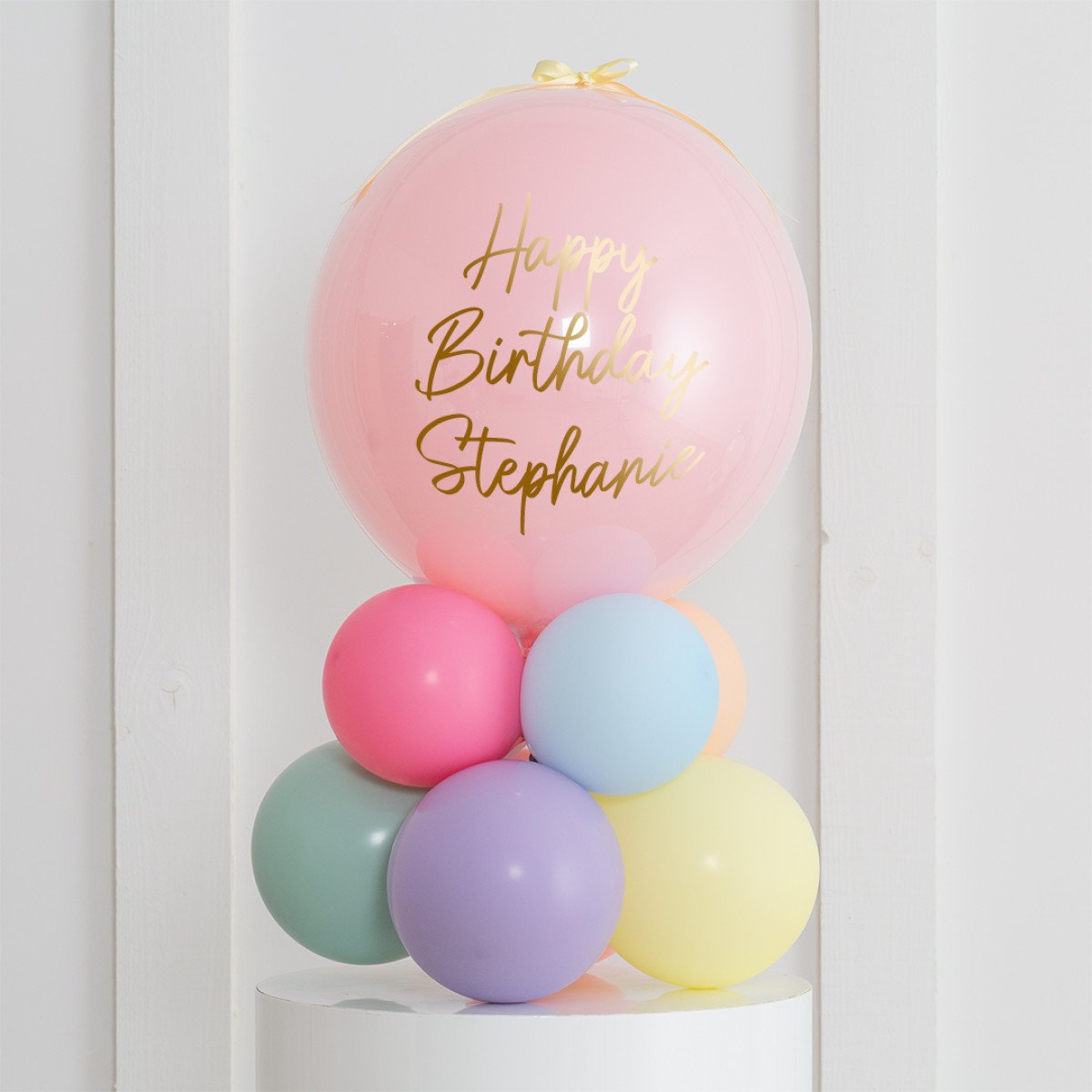 Personalised Birthday Bobo Balloon on Stand - Lemonade Pink, Pastel Blue/Yellow/Purple/Pink/Orange/Green Clusters with Custom Name Sticker