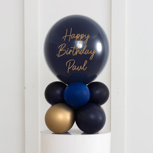 Personalised Birthday Bobo Balloon on Stand - Navy Blue, Dark Blue, Gold Clusters with Custom Name Sticker