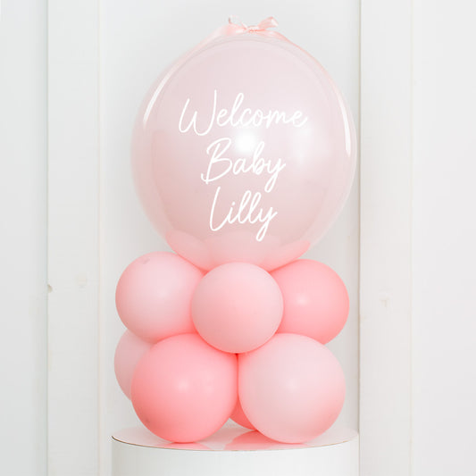 Personalised Birthday Bobo Balloon on Stand - Pink Clusters with Custom Name Sticker