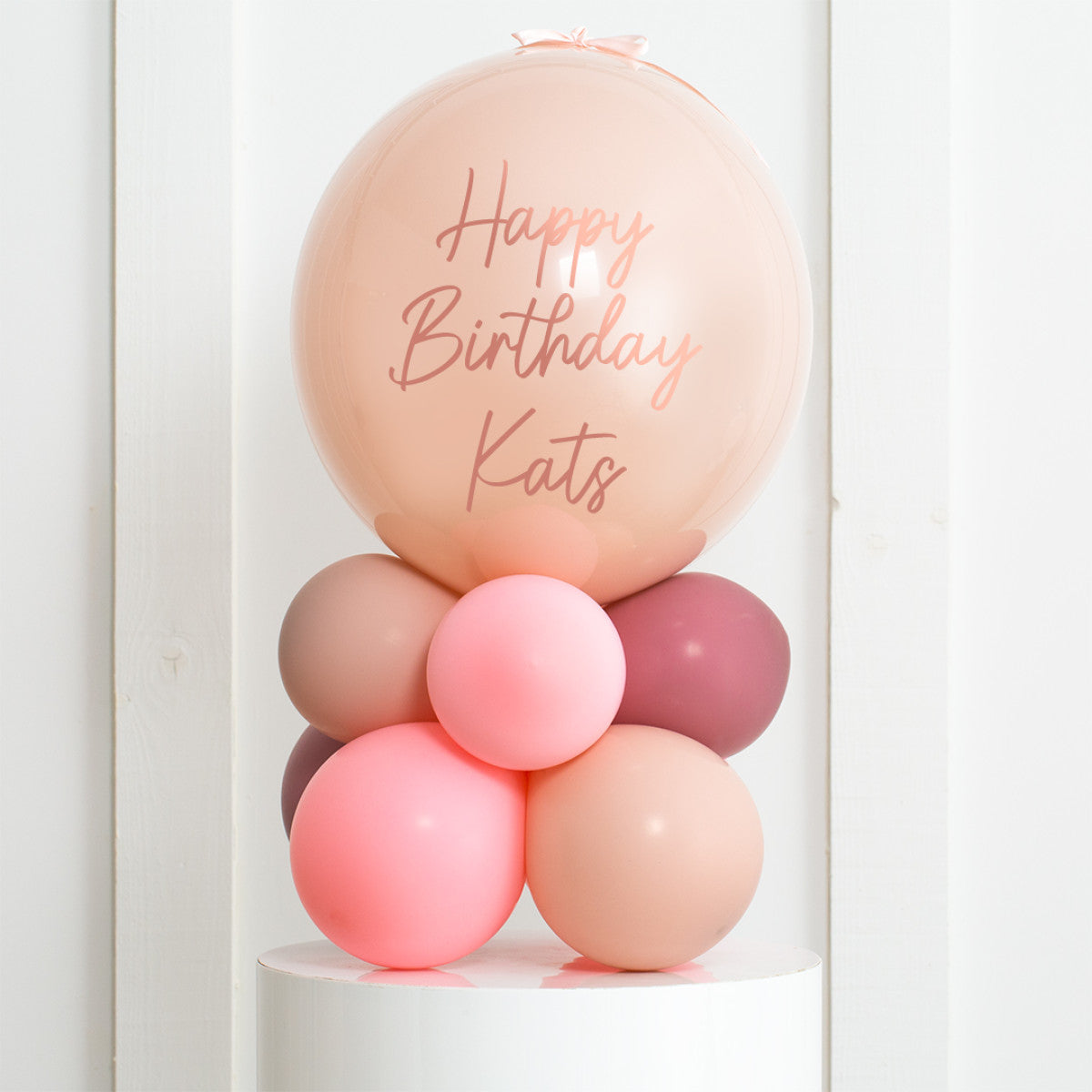 Personalised Birthday Bobo Balloon on Stand - Light pink, Dusty rose/mauve, Beige/tan Clusters with Custom Name Sticker