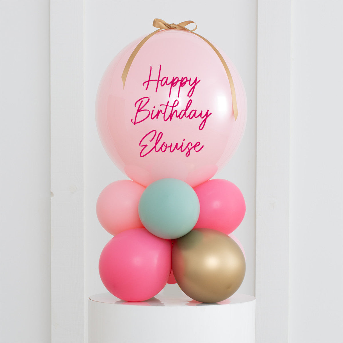 Personalised Birthday Bobo Balloon on Stand - Pink, Gold & Mint Balloon Cluster with Custom Name Sticker