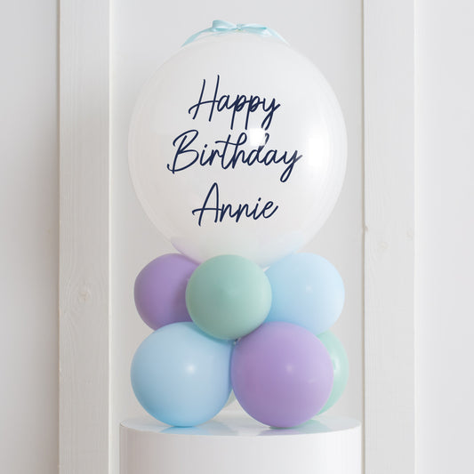 Personalised Birthday Bobo Balloon on Stand - Baby Blue, Mint Green, Pastel Purple Clusters with Custom Name Sticker