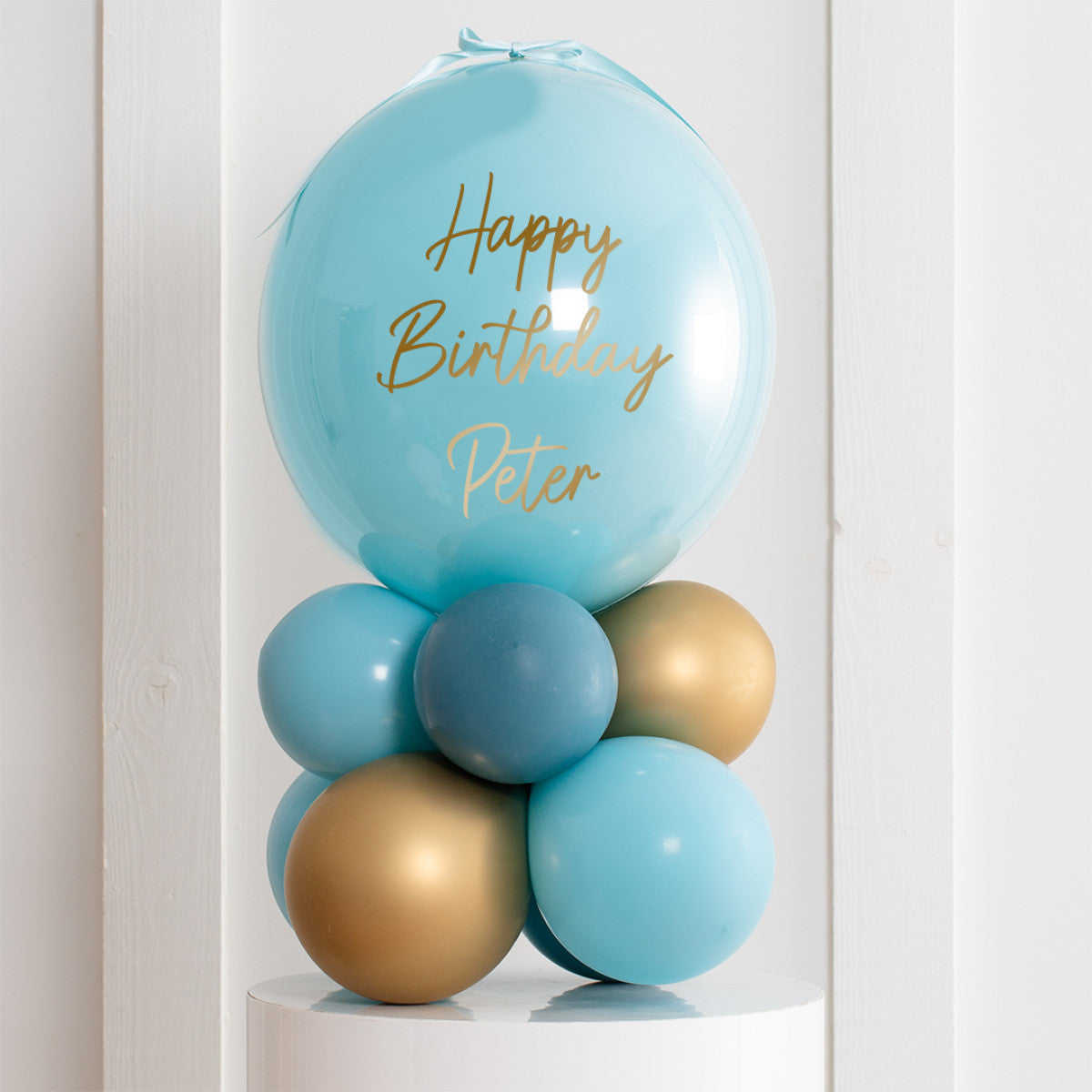 Personalised Birthday Bobo Balloon on Stand - Aegean Blue, Gold, Sky Blue Clusters with Custom Name Sticker