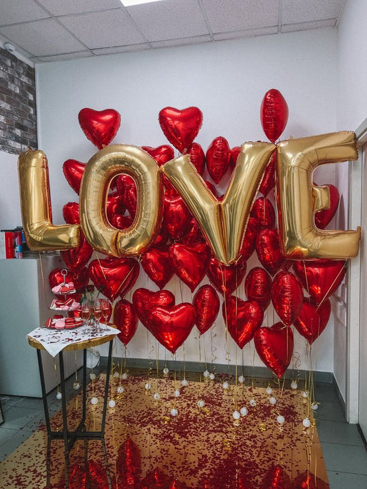 50pcs Red Heart-Shaped Helium Foil Balloons with Gold "LOVE" Helium and Petals - Valentine's, Anniversary Perfect for special occasions!