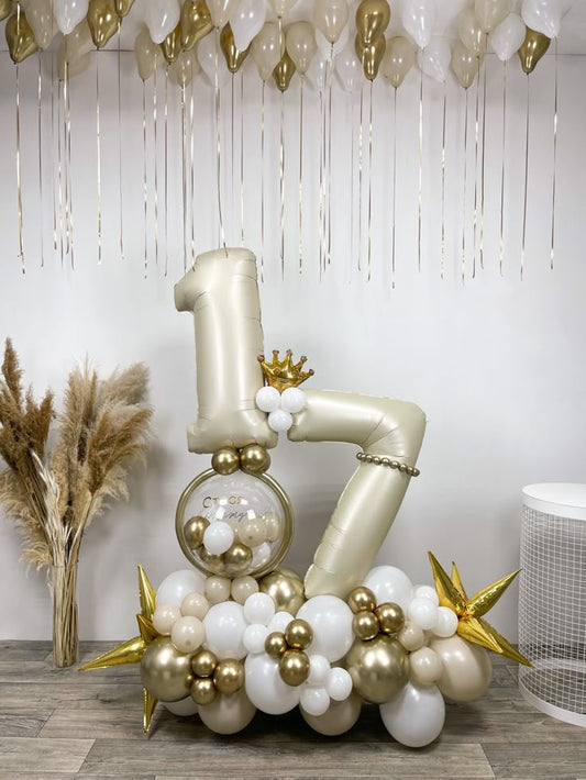 Platform Beige Numbers '17' with Latex Beige, White, Light Gold and Clear with Customize Sticker, Mini Crown and Starburst accents and Ceiling Helium Latex – Customizable Design