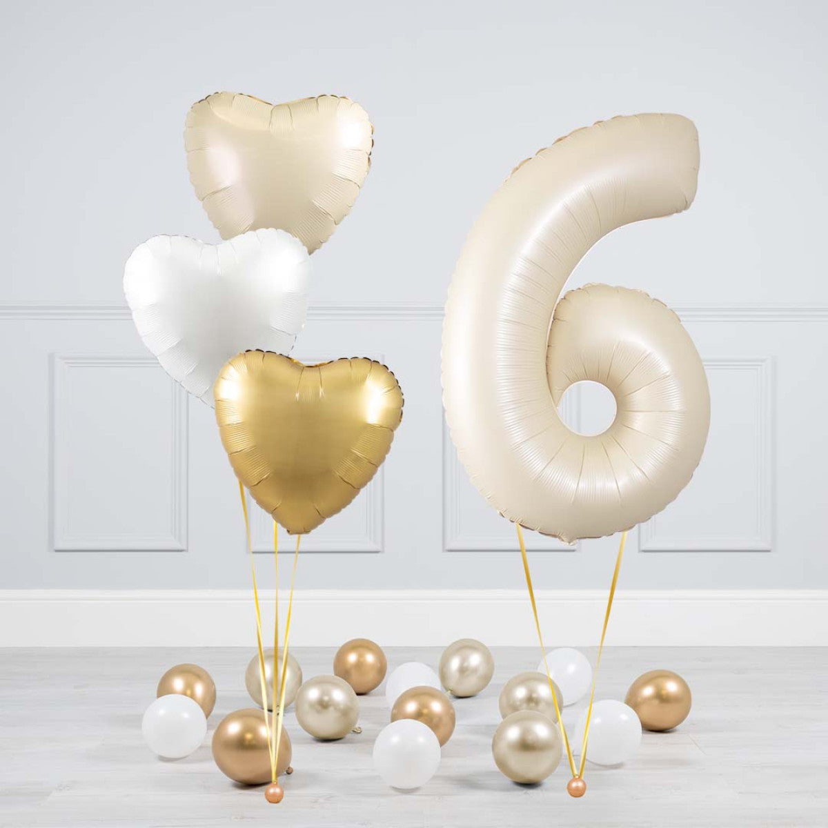 Helium Beige Single Number Set Balloon - Beige, White and Gold Hearts with Mini Balloons