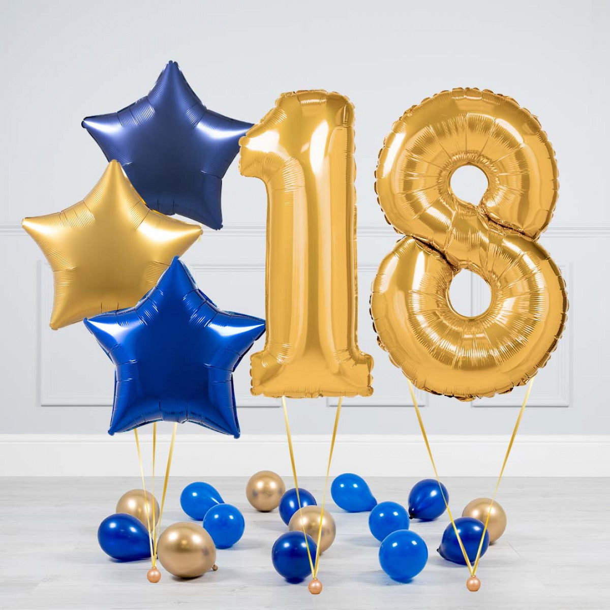 Helium Gold Two Number Set Balloon - Dark Blue, Blue and Gold Stars with Mini Balloons