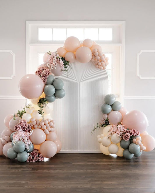 Customizable  Chiara Wall Board Backdrop with Balloons Pink, Army Green and Light Yellow with Artificial Leaves and Flowers - Perfect for special occasion