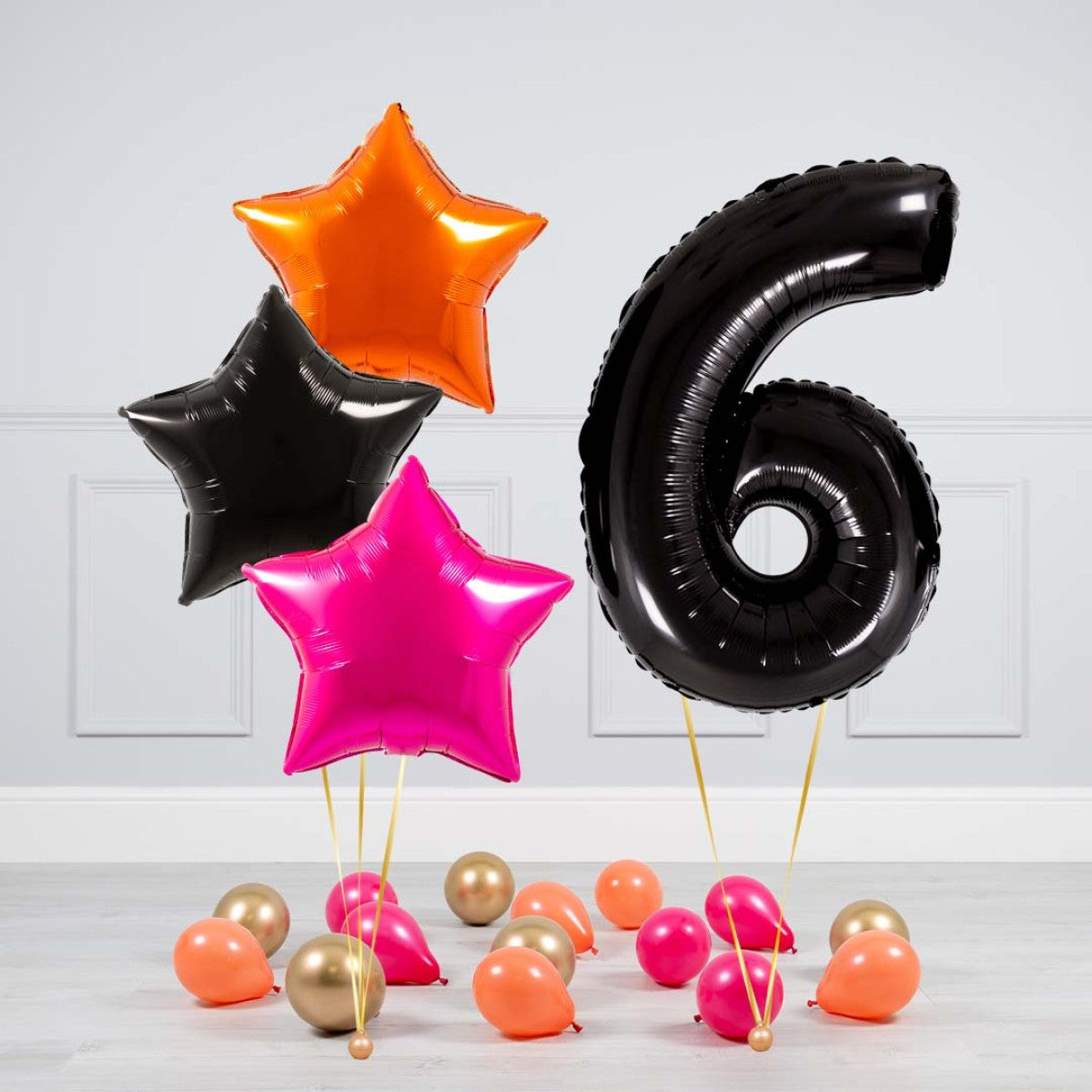 Helium Black Single Number Set Balloon - Orange, Black and Pink Star with Mini Balloons